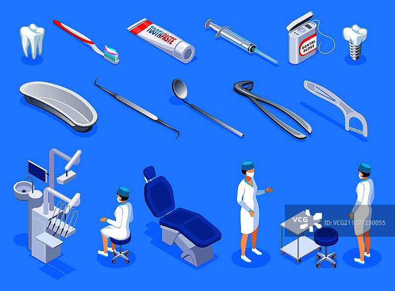牙医2.5D图标：口腔科设备、卫生用品、牙齿植入等矢量素材图片素材
