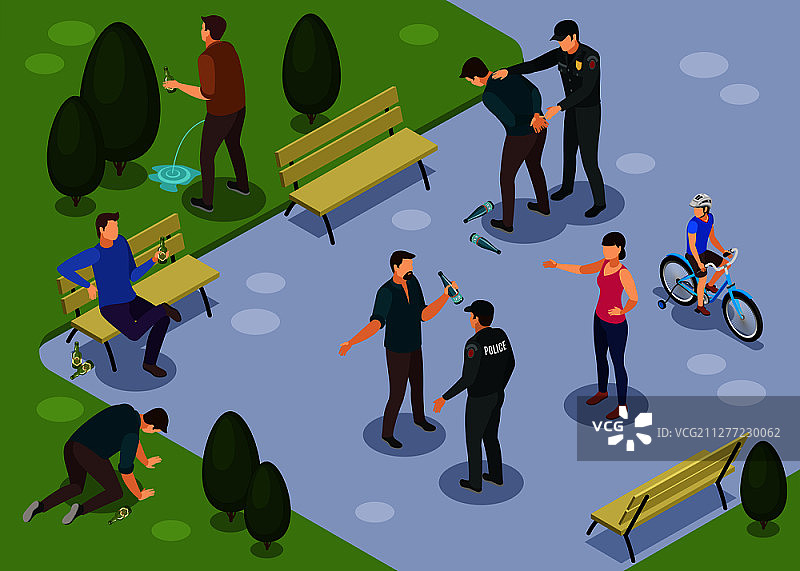 酒精中毒等距组合，包括在公共区域饮酒、小便、摔倒的醉酒男子，拘留矢量图图片素材