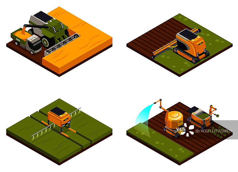 农业机器人概念：4个2.5D组合，包括锄草、犁地、种植、浇水、施肥和收割机械矢量图图片素材