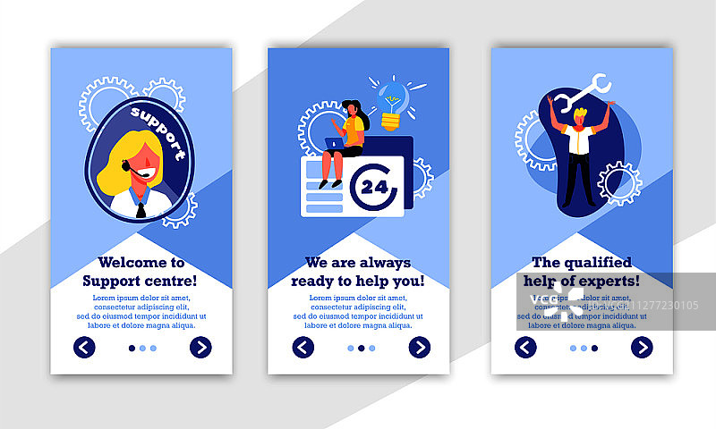 带有齿轮图标、人物和可编辑文本按钮的呼叫中心竖版banner合集图片素材