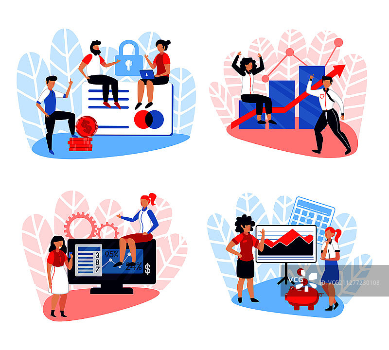 会计2.5D设计概念：专家、商业图表、货币和信用卡图标扁平矢量图图片素材