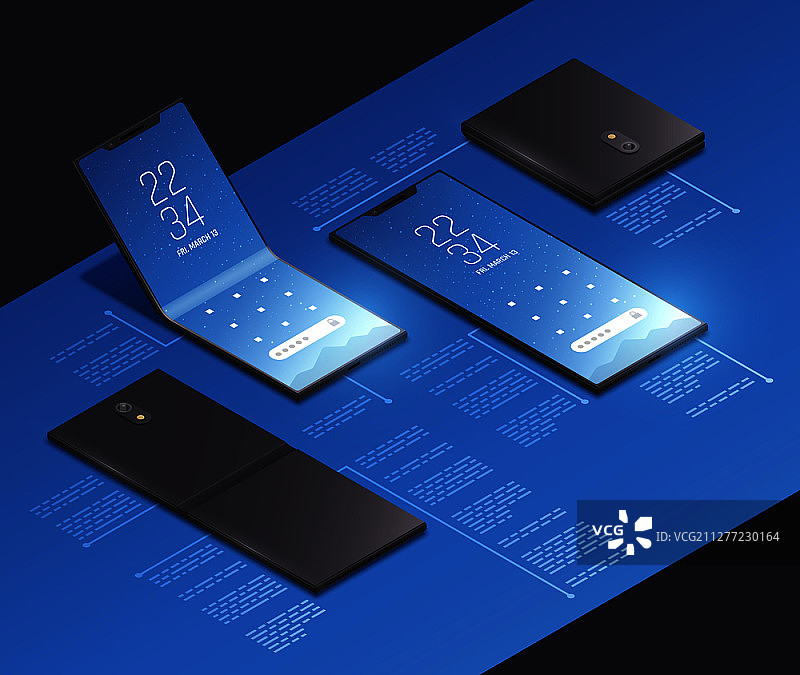 具有新型智能手机模型逼真图像和文本说明文字的可折叠小工具概念等距模型组合矢量图图片素材