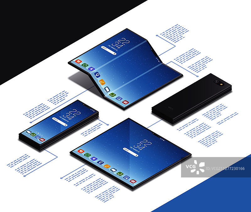 可折叠小工具概念2.5D模型组合，带有文字说明和未来智能手机模型的逼真图像矢量图图片素材