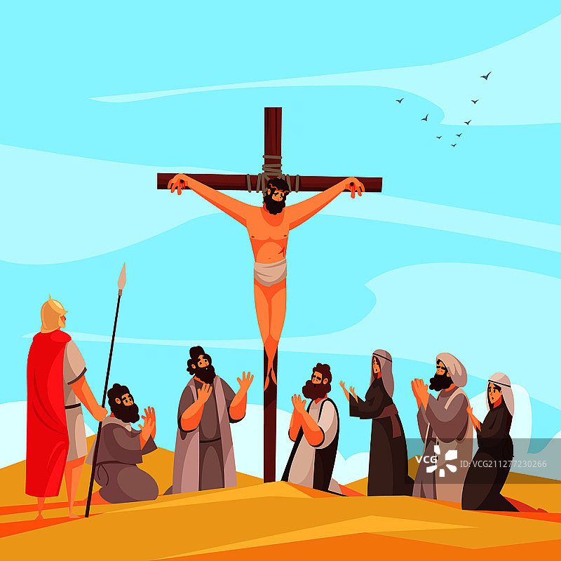 《圣经》故事：耶稣被钉在各各他山上，人们祈祷的场景矢量图图片素材