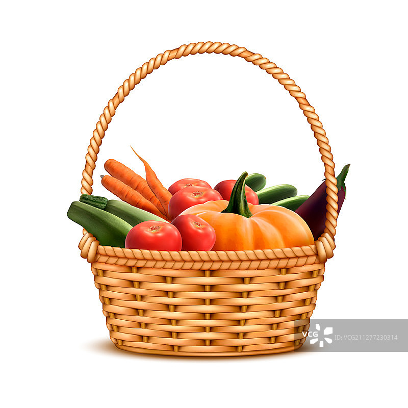 装满新鲜农贸市场蔬菜的单柄柳条篮子特写逼真图像矢量插图图片素材