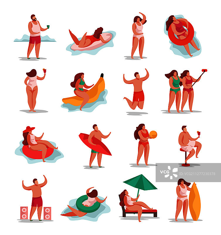 夏季派对扁平图标素材：包含各种色彩鲜艳的物品和人们在季节性度假活动中的人物图片素材