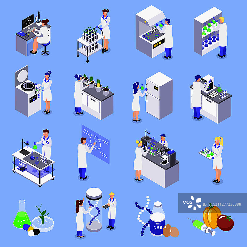 生物工程转基因技术等距图标集，包含实验室转基因DNA植物食品图片素材