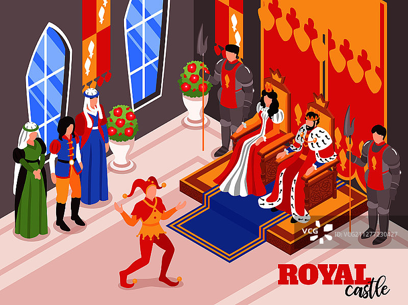 2.5D城堡皇家国王王后室内场景，包含廷臣和戴皇冠的人物矢量插图图片素材