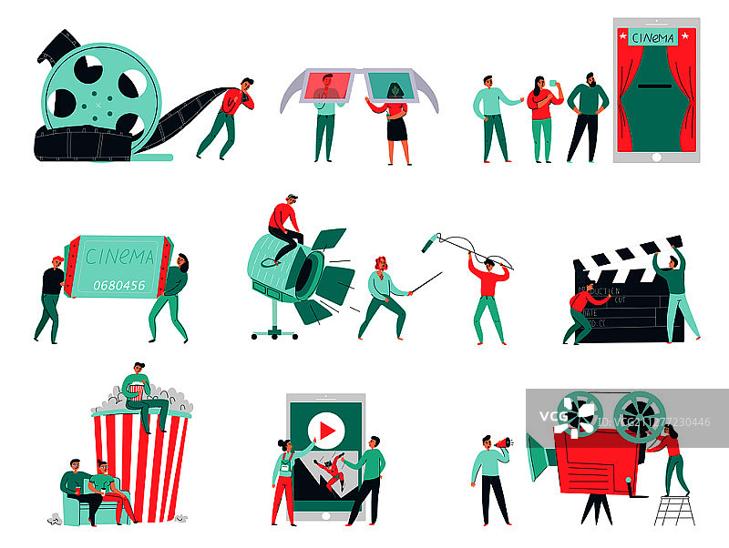 电影制作团队、各种设备和观众的影院扁平图标集，白色背景矢量插画图片素材