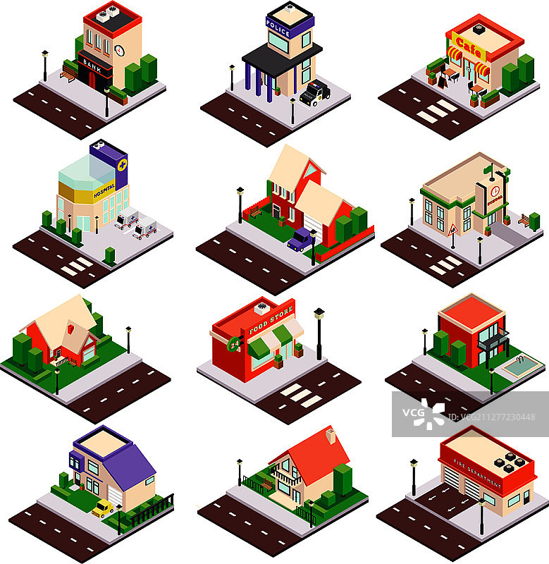 现代城市建筑2.5D建筑群矢量插画图片素材