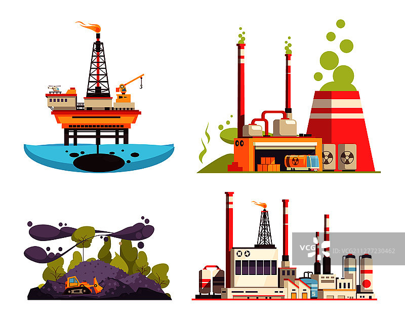 石油钻井平台炼油厂发电站污染2.5D设计概念图片素材
