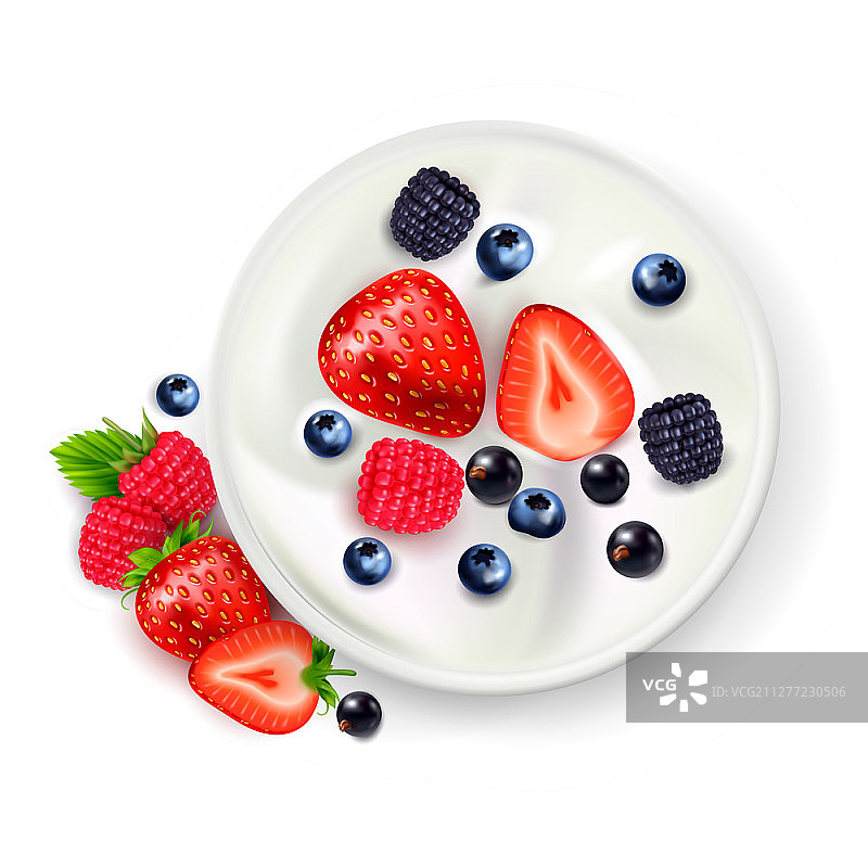 浆果水果酸奶实景组合（含酸奶罐顶部视图、成熟浆果和阴影矢量图）图片素材