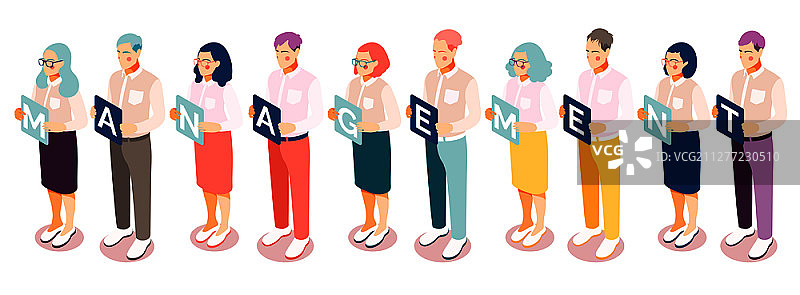 2.5D管理人员背景，人物举着字母板图片素材