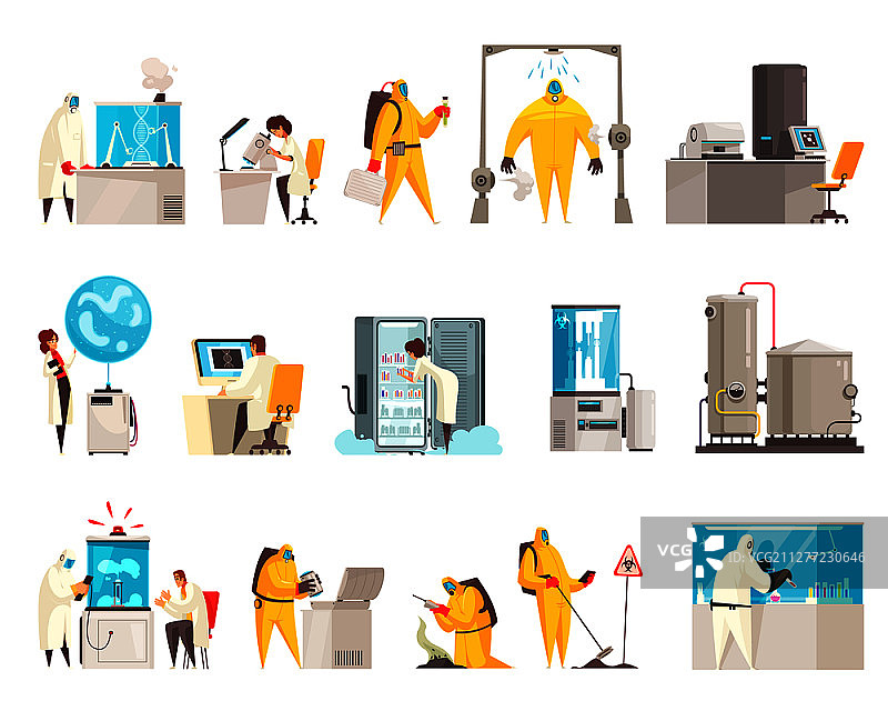 微生物学实验室场景：科学家穿着实验服，配备实验室设备和设施的矢量图图片素材