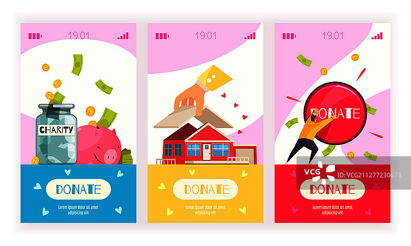 慈善竖版banner：带有可点击的捐赠按钮、移动智能手机屏幕界面元素和涂鸦风格图像矢量图图片素材