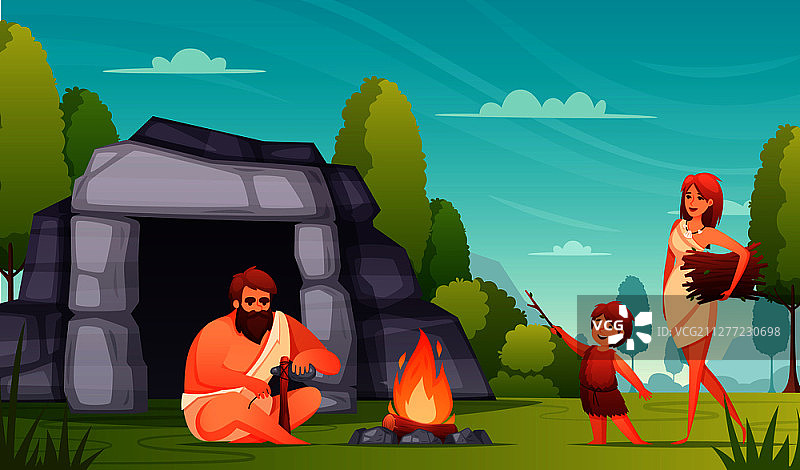 石器时代史前人类生活场景：穴居人家庭制造工具、取火的矢量插画图片素材