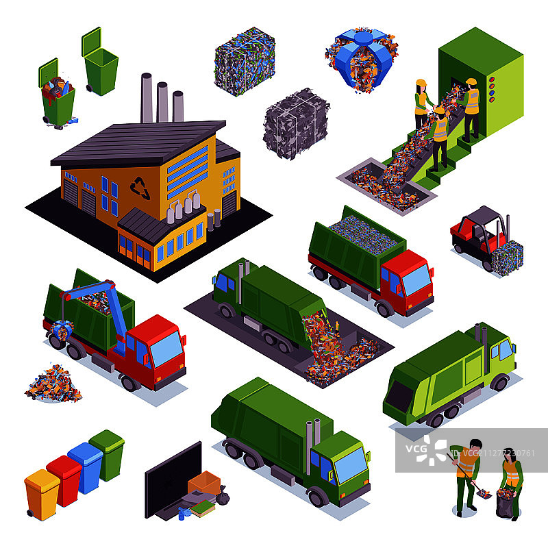 2.5D垃圾回收图标：垃圾分类与压缩集装箱和卡车矢量图图片素材