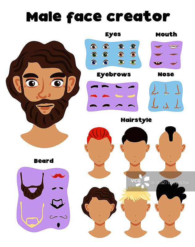 男性面部元素和发型颜色模板矢量素材图片素材