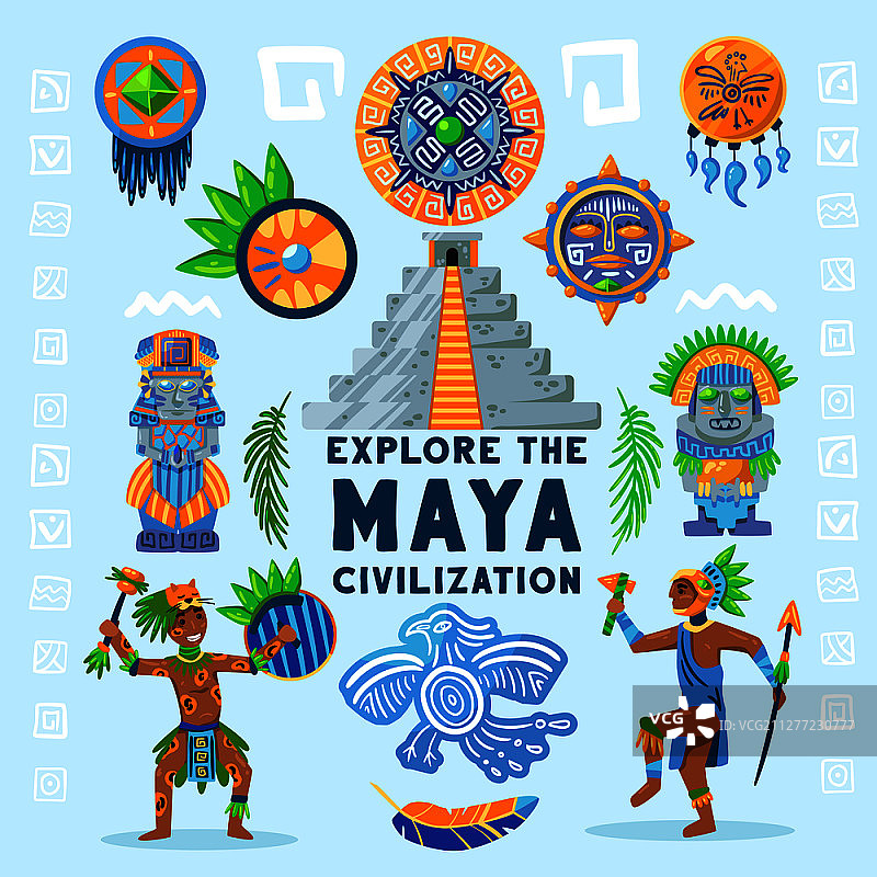 玛雅文明流程图背景，包含古代偶像、象形文字和传统珠宝矢量插图图片素材