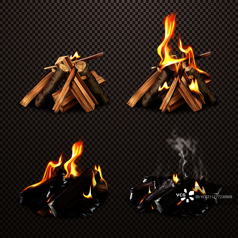 篝火从木头到煤炭燃烧的四个阶段透明背景写实矢量图图片素材