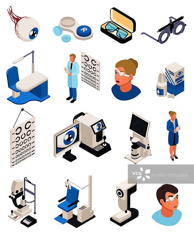 眼科2.5D图标集，包含人头和视力检查医疗设备图像矢量素材图片素材