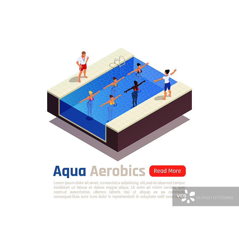 水中健身操等距插画，水中有氧运动教练在游泳池训练项目矢量图图片素材