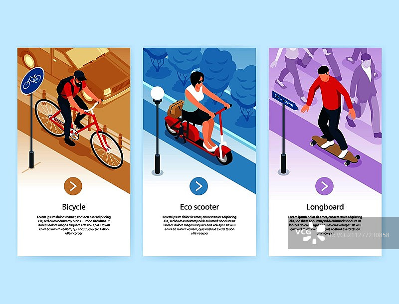 环保交通工具：自行车、电动滑板车和长板骑行竖版banner矢量插画图片素材