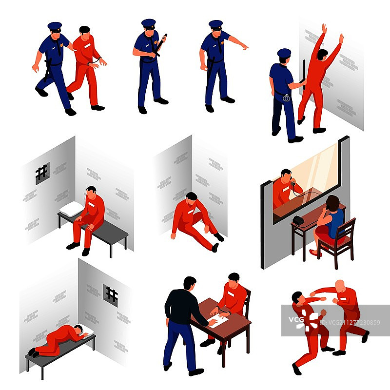 监狱2.5D场景：逮捕、警卫、囚犯、探视者、调查员矢量插画图片素材