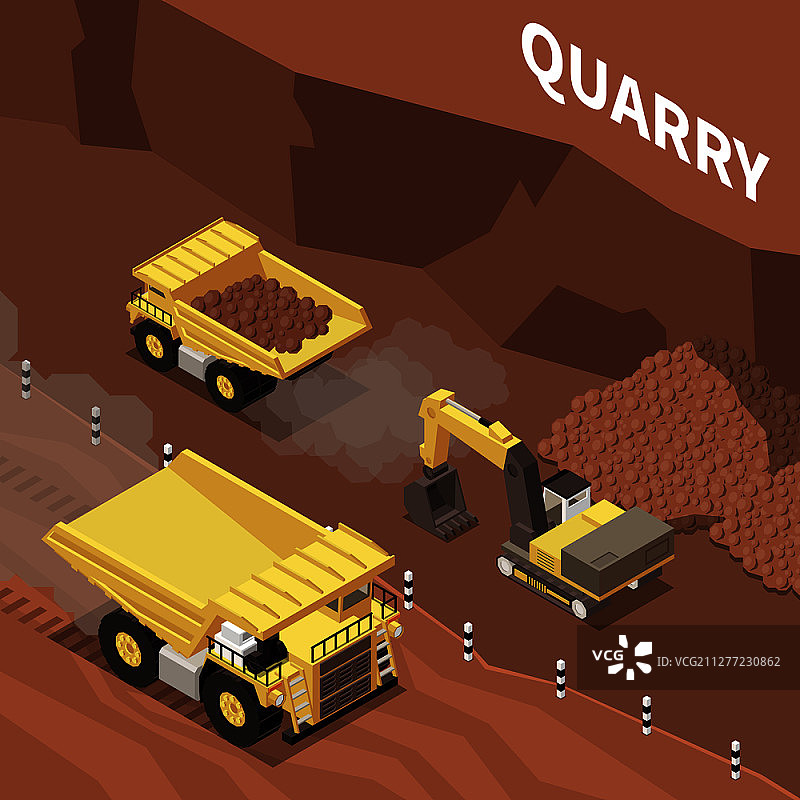 采石场采矿机械2.5D等距矢量图图片素材