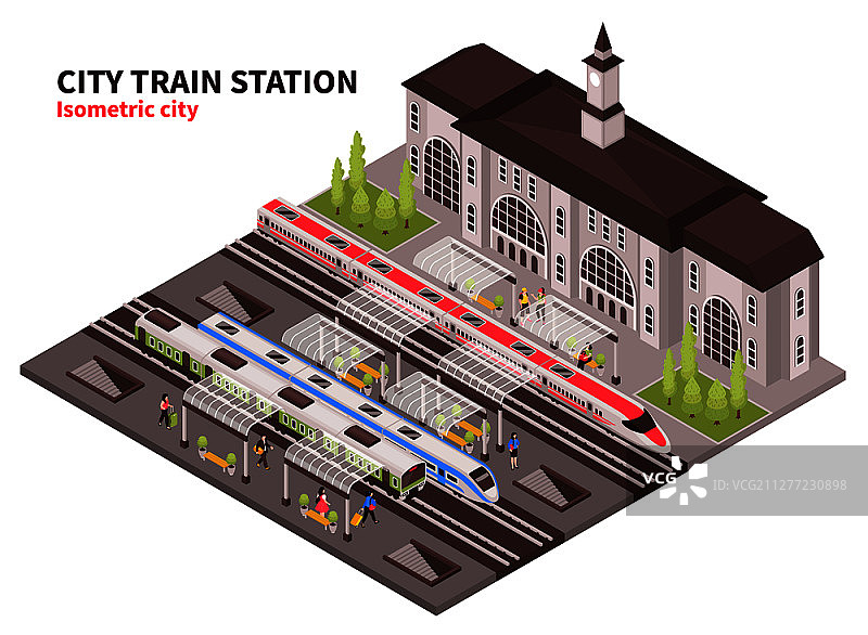 2.5D火车站：历史建筑、站台与铁轨图片素材