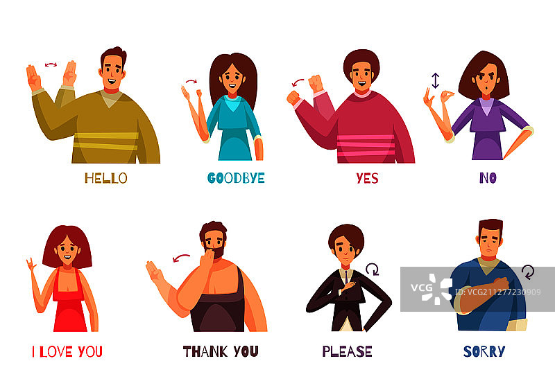带人物符号的平面手语表达矢量图图片素材