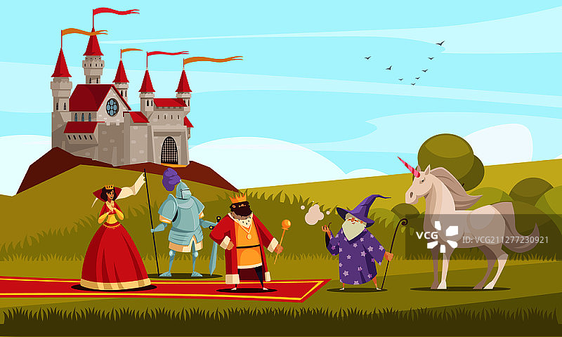有国王、王后和骑士的童话人物背景矢量图图片素材