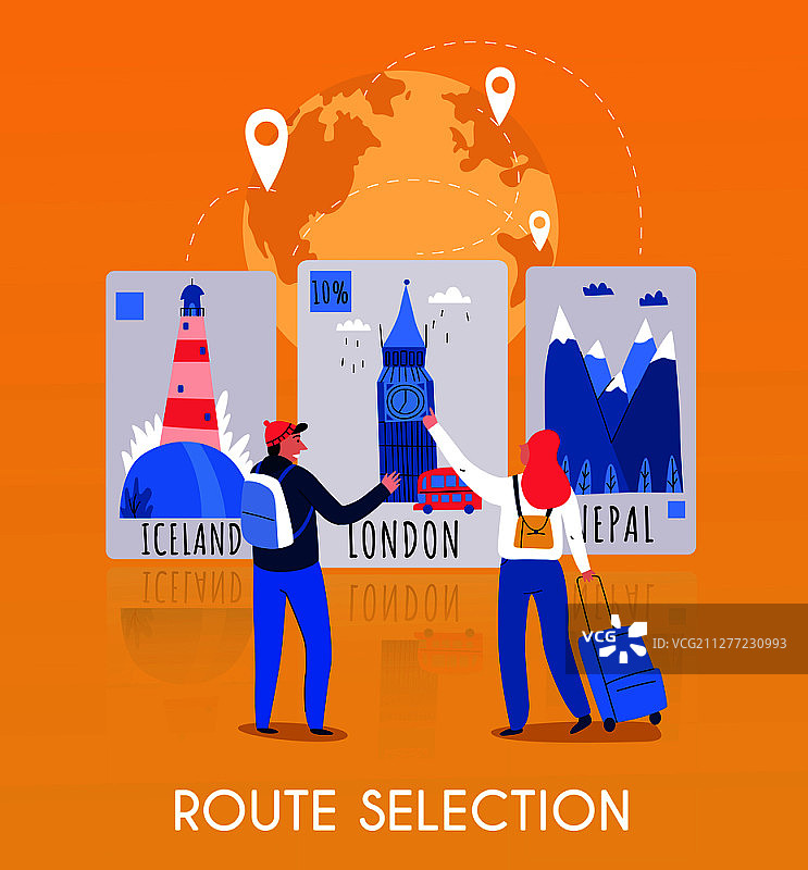 带有路线选择描述和旅行者情侣的扁平旅游地图图片素材