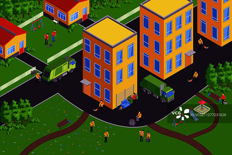 2.5D垃圾清理场景，街道清洁工收集垃圾和树叶矢量图图片素材