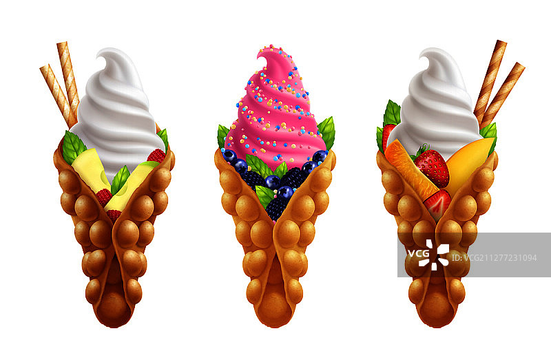 水果味香港鸡蛋仔，配不同配料的冰淇淋矢量图图片素材