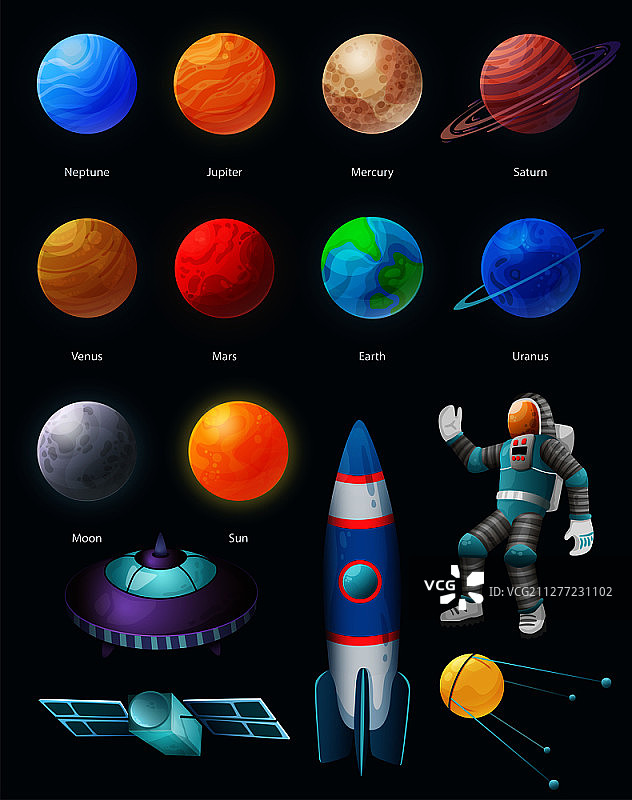 天体太阳空间站航天器人造地球卫星宇航员太阳月亮行星彩色套装矢量图图片素材