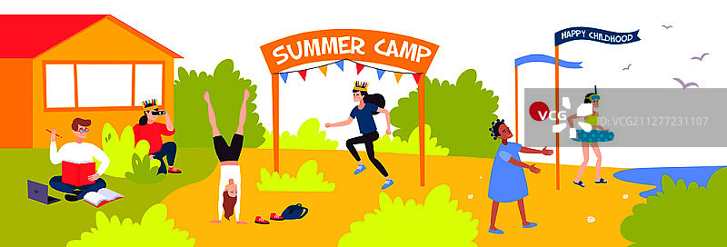 扁平风banner：孩子们在夏令营度假矢量图图片素材