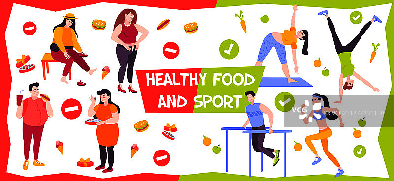 展示健康与不良营养生活方式对比的扁平背景，含活跃和肥胖人群矢量图图片素材