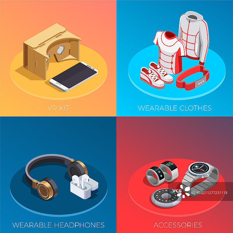 可穿戴技术概念2.5D合成图：智能服装配件VR套件图片素材