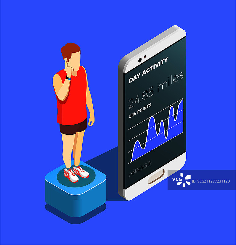 可穿戴技术移动应用程序2.5D组合，男人在智能手机屏幕上查看他的日常活动矢量图图片素材