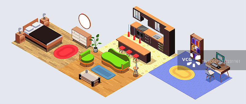 家具等距彩色图标集：四室公寓内饰和家具矢量图图片素材