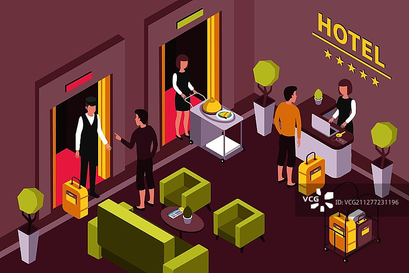 酒店内部接待台宾客休息区早餐送餐服务2.5D矢量图图片素材
