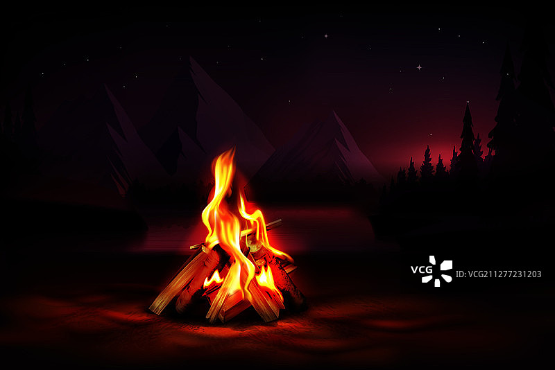 夜晚山脉篝火写实矢量插图图片素材