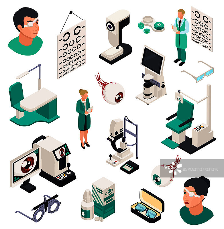 眼科2.5D图标和组合，包含专业的眼科治疗工具、人头和家具矢量图图片素材