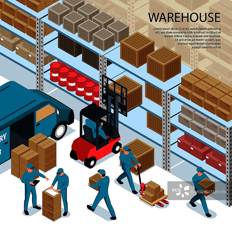 仓库2.5D矢量素材：卡车工人装载箱图片素材