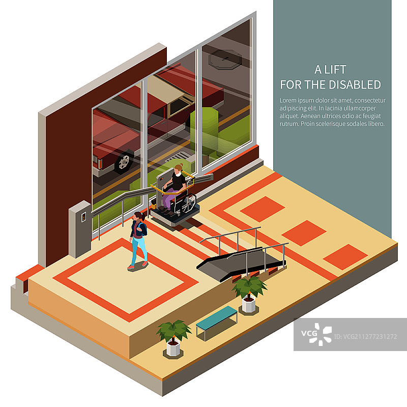 坐轮椅的人使用电梯，房屋大堂3D 2.5D矢量图图片素材