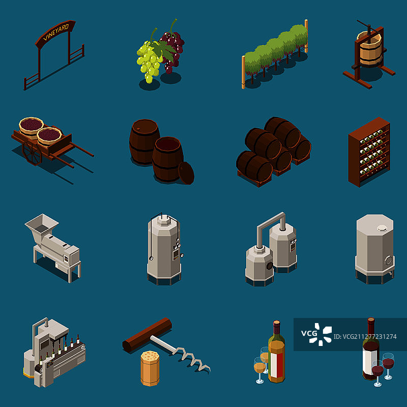 葡萄酒生产2.5D图标集：酒厂设备、桶、葡萄串、螺旋拔塞器，蓝色背景3D矢量图图片素材