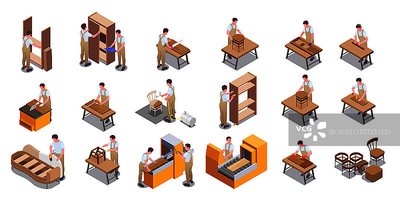 现代手工匠人家具生产2.5D图标合集：木工、软垫、组装、喷漆矢量图图片素材