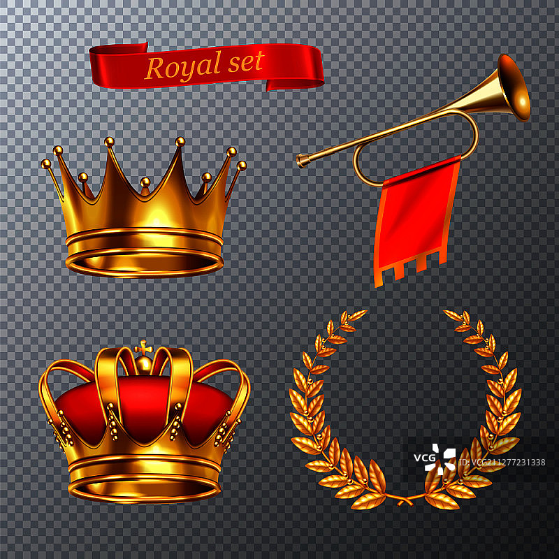 逼真的国王皇冠、月桂花环和带旗帜的喇叭皇家套装，透明背景矢量图图片素材