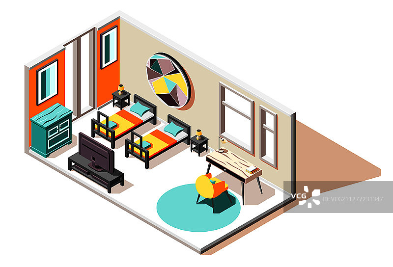 旅馆客房2.5D示意图：含双人床、电视柜和咖啡桌矢量图图片素材